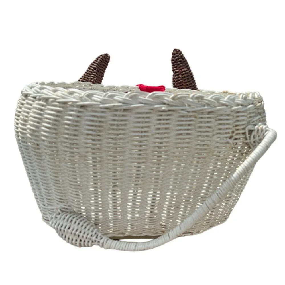 Vtg Bull Head‎ Wicker Basket Home Decor White Western Figural Horns